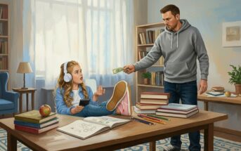 A teenage girl with headphones and a phone sits at a cluttered desk, looking surprised as a man in a hoodie hands her money. The room contains bookshelves, a window, and various study materials on the desk.