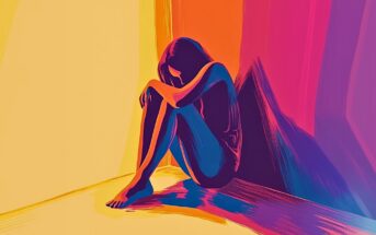 A digital artwork of a person sitting on the floor with knees pulled to their chest, head resting on their arms, surrounded by vibrant yellow, orange, pink, and blue colors, conveying a mood of solitude or sadness.