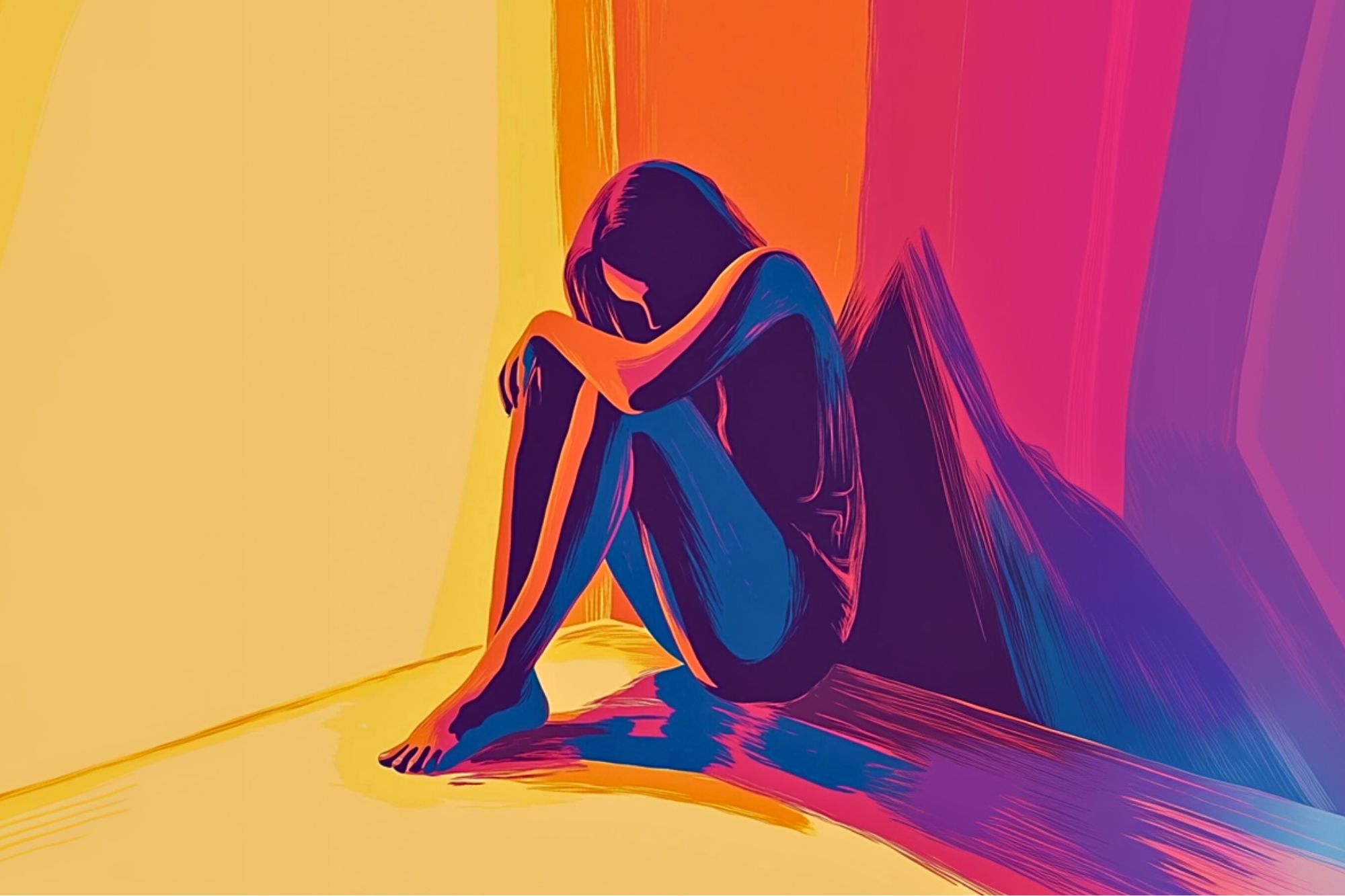 A digital artwork of a person sitting on the floor with knees pulled to their chest, head resting on their arms, surrounded by vibrant yellow, orange, pink, and blue colors, conveying a mood of solitude or sadness.