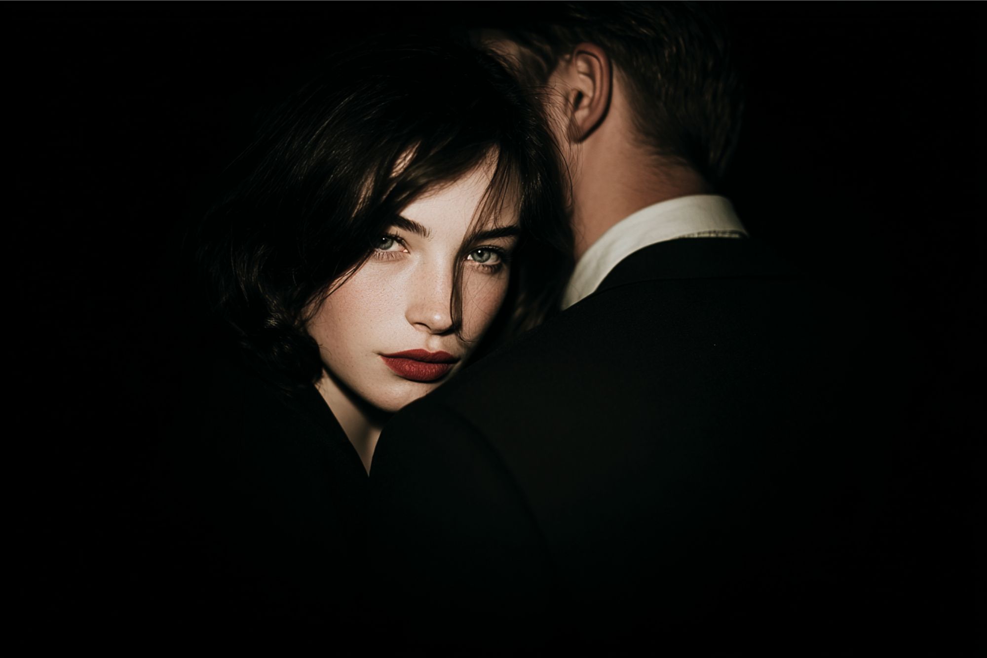 A woman with pale skin and dark hair gazes directly at the camera while embracing a man in a suit, whose back is turned. The background is dark, highlighting her face with dramatic lighting.