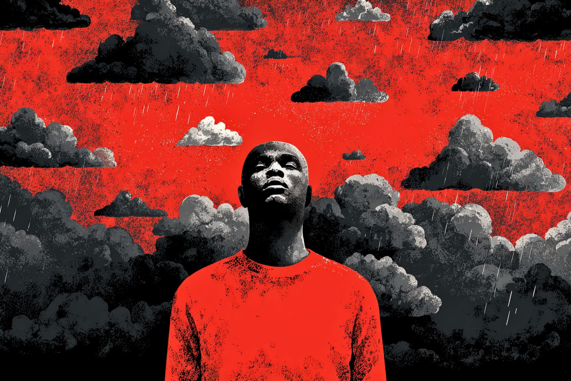 A person wearing a red shirt looks upward, surrounded by dark, heavy clouds against a vivid red sky with rain falling, creating a dramatic and moody atmosphere.