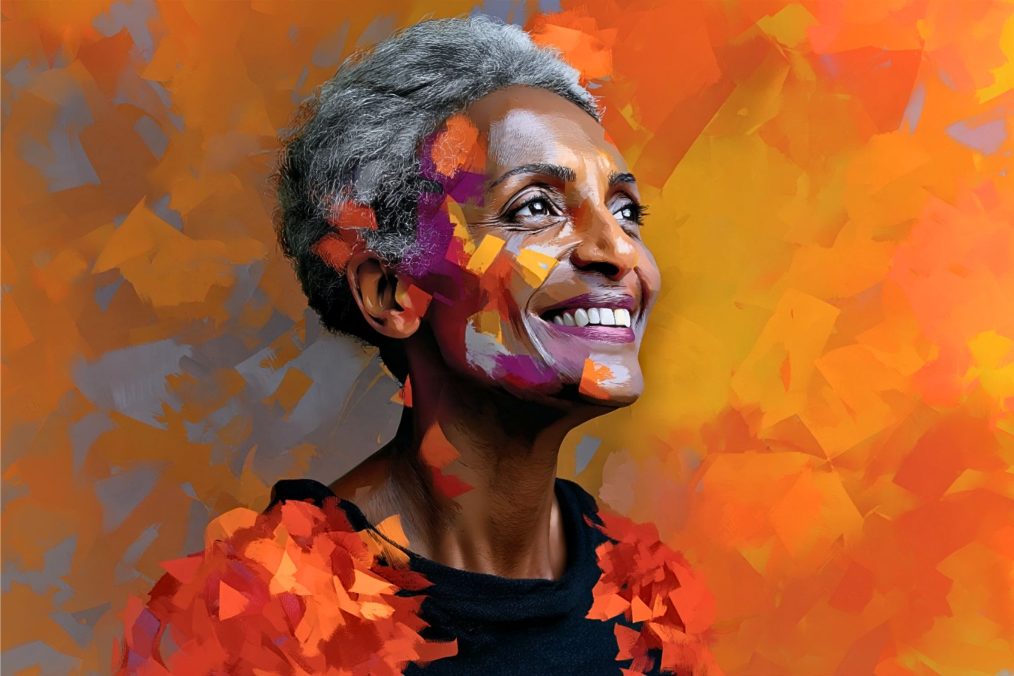 A smiling older woman with short gray hair stands against a vibrant, abstract orange and yellow background. Her face and clothing blend with colorful, painted brushstrokes, creating an artistic, joyful atmosphere.