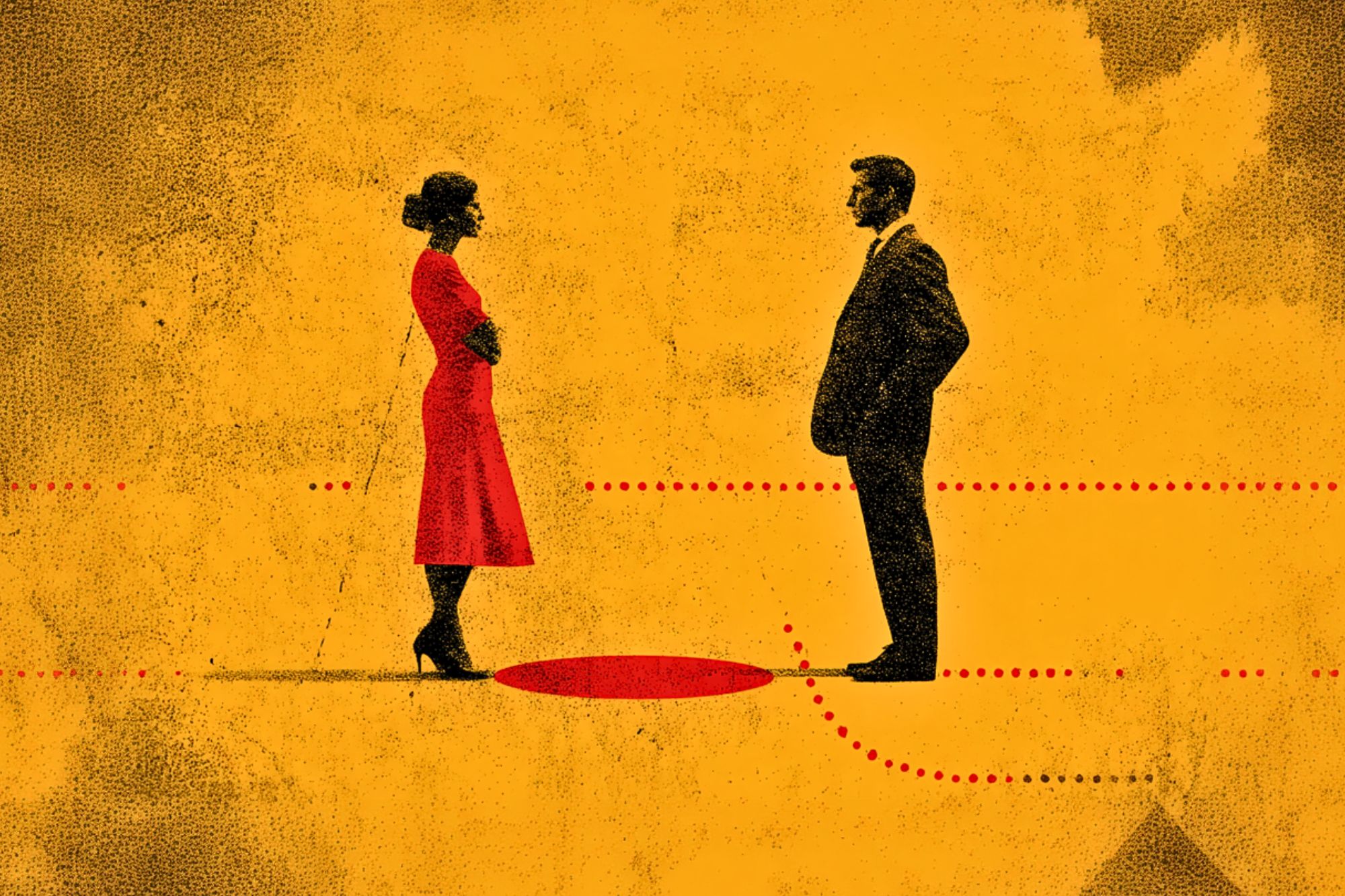 A woman in a red dress and a man in a suit stand facing each other across a red circle on a textured yellow background with dotted lines, suggesting distance or conflict.