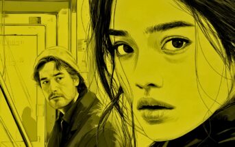 A stylized yellow-toned illustration shows a close-up of a woman’s face in the foreground, looking intensely ahead, while a man in a jacket and hat stands in the background, glancing toward her.