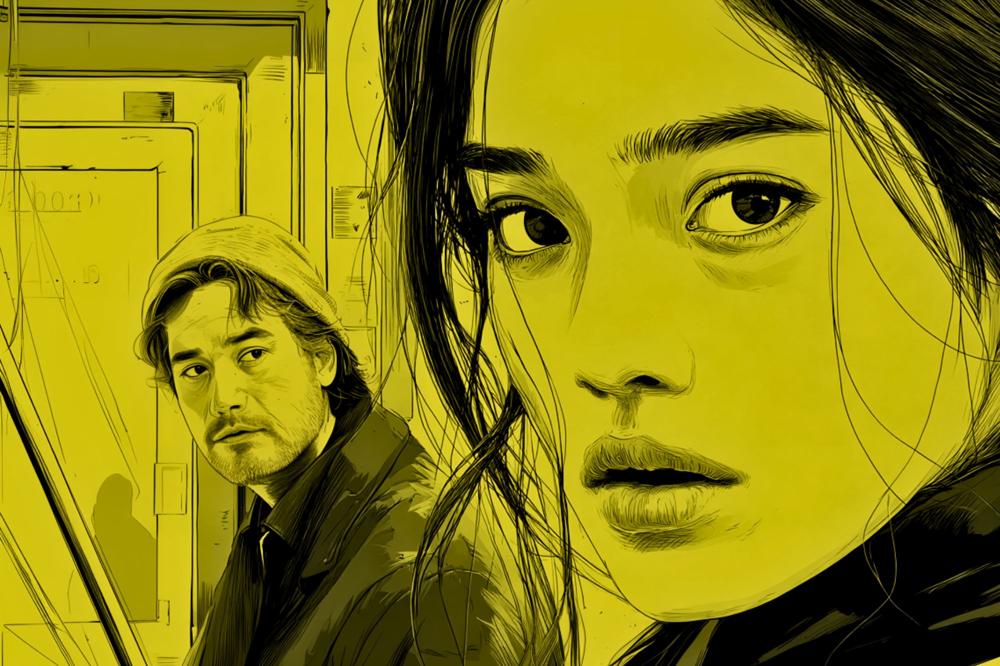 A stylized yellow-toned illustration shows a close-up of a woman’s face in the foreground, looking intensely ahead, while a man in a jacket and hat stands in the background, glancing toward her.