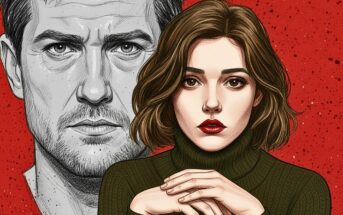 A woman with short brown hair and red lipstick, wearing a dark turtleneck, sits in front of a grayscale portrait of a serious man on a red speckled background.