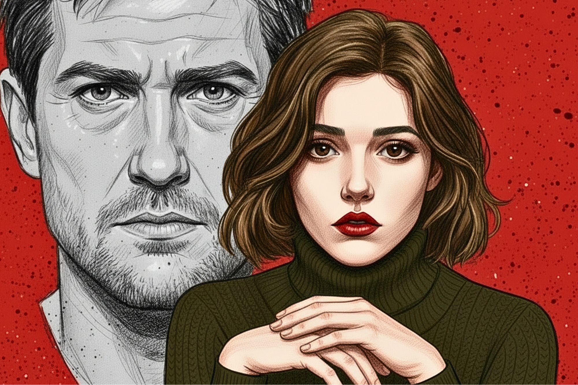 A woman with short brown hair and red lipstick, wearing a dark turtleneck, sits in front of a grayscale portrait of a serious man on a red speckled background.