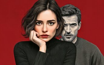 A digitally illustrated woman with short brown hair and a pensive expression rests her chin on her hand. A serious-looking man stands slightly behind her. The background is solid red.