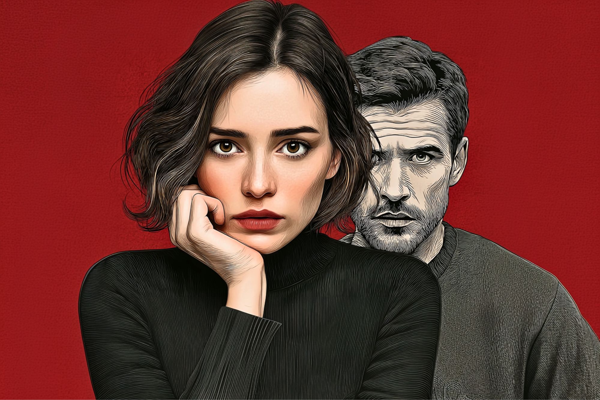 A digitally illustrated woman with short brown hair and a pensive expression rests her chin on her hand. A serious-looking man stands slightly behind her. The background is solid red.
