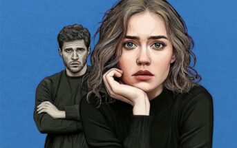 An illustration of a woman looking forward with her hand on her chin, while a man stands in the background with his arms crossed.