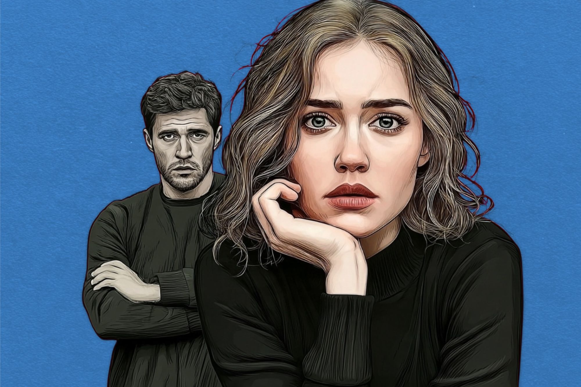 An illustration of a woman looking forward with her hand on her chin, while a man stands in the background with his arms crossed.