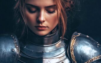 A young woman with closed eyes, wearing ornate silver armor with gold accents, looks serene and contemplative against a dark background. Her reddish-brown hair frames her face.
