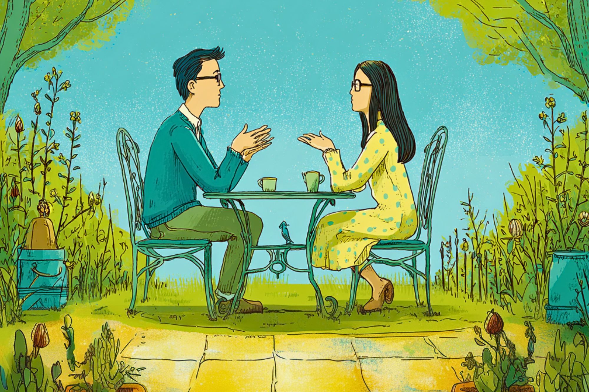 An illustrated man and woman sit across from each other at a small outdoor table, talking over coffee. They are surrounded by lush greenery and flowers on a sunny day.