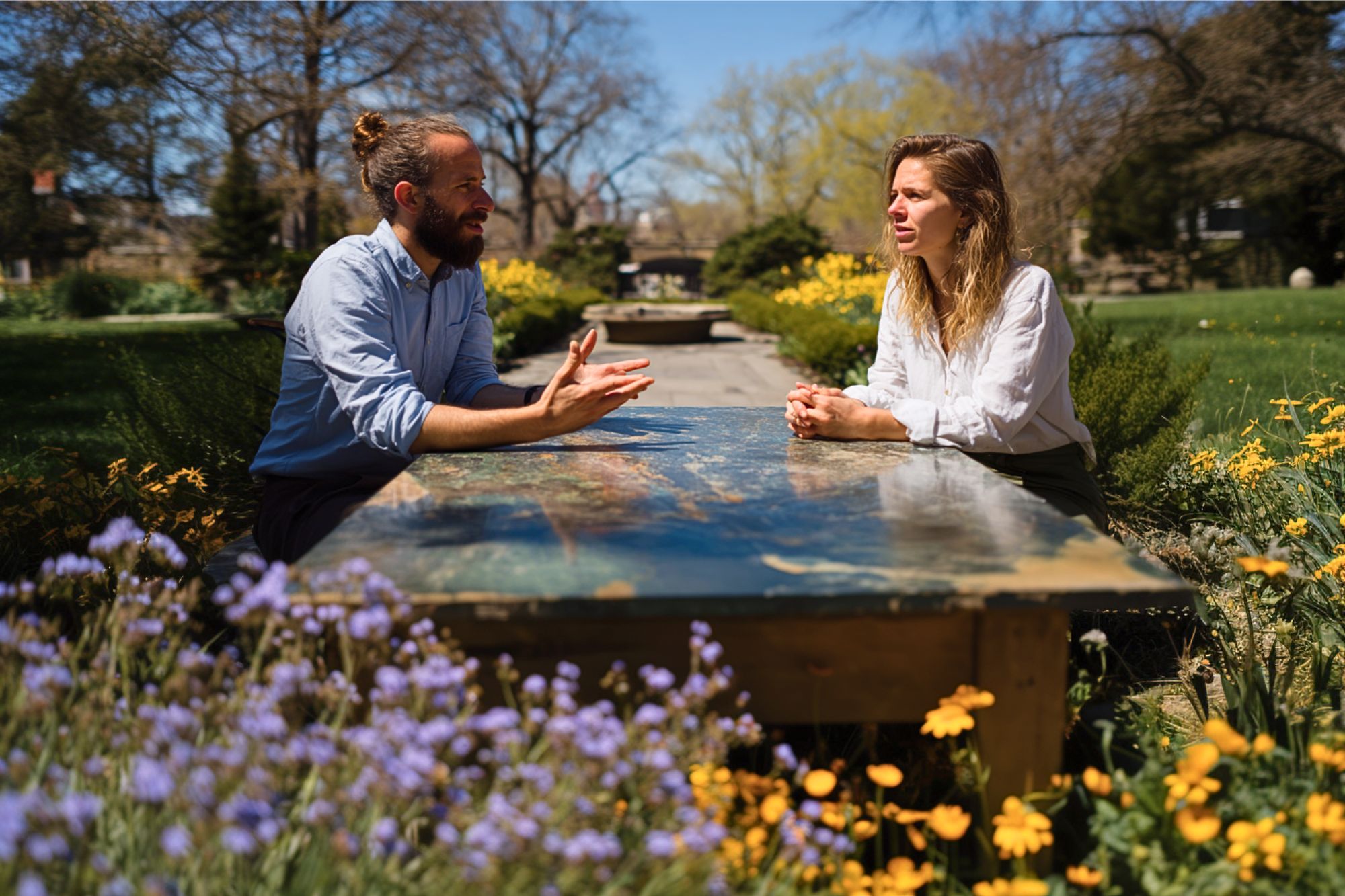 Two people sit across from each other at an outdoor table surrounded by blooming flowers and greenery, engaged in conversation on a sunny day with trees and a building in the background.