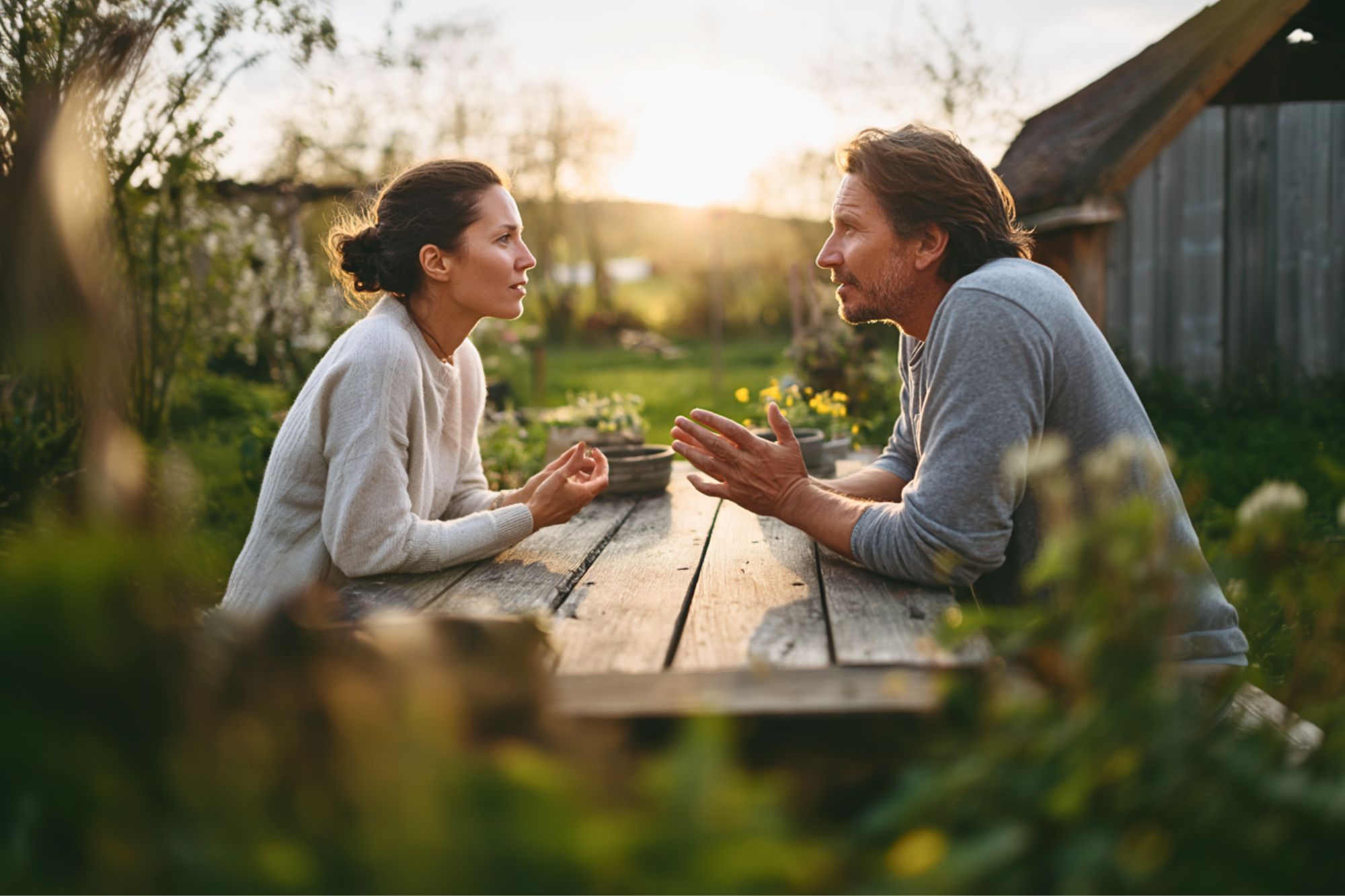 A man and woman sit across from each other at a wooden outdoor table, engaged in a serious conversation, surrounded by greenery, with warm sunlight in the background.