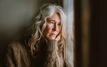 An older woman with long gray hair and a brown sweater rests her chin on her hand, gazing thoughtfully out of a window with a pensive expression. Soft natural light illuminates her face.