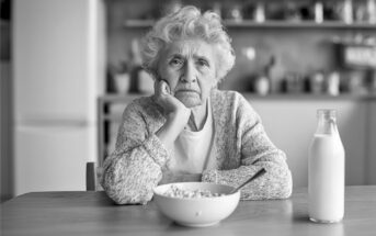 An elderly woman sits at a table with her chin resting on her hand, looking thoughtful. In front of her is a bowl of cereal with a spoon and a bottle of milk. The scene is in black and white.