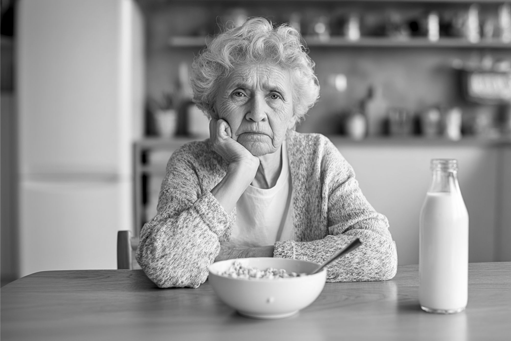 An elderly woman sits at a table with her chin resting on her hand, looking thoughtful. In front of her is a bowl of cereal with a spoon and a bottle of milk. The scene is in black and white.