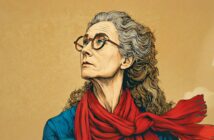 A digital illustration of an older woman with curly gray hair, glasses, and a thoughtful expression, wearing a bright red scarf and blue clothing, set against a textured tan background.