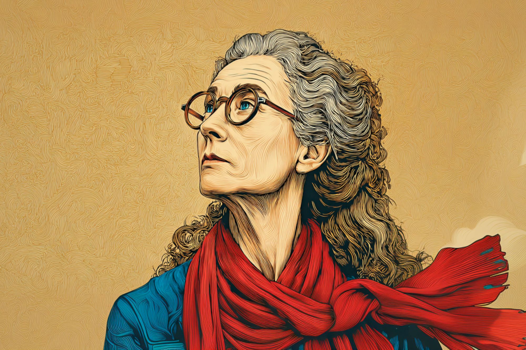 A digital illustration of an older woman with curly gray hair, glasses, and a thoughtful expression, wearing a bright red scarf and blue clothing, set against a textured tan background.
