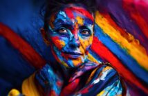A person poses with their face and hands covered in vivid, multicolored paint. The background features bold stripes in red, blue, yellow, and orange, blending with the colorful body paint for a vibrant, artistic effect.