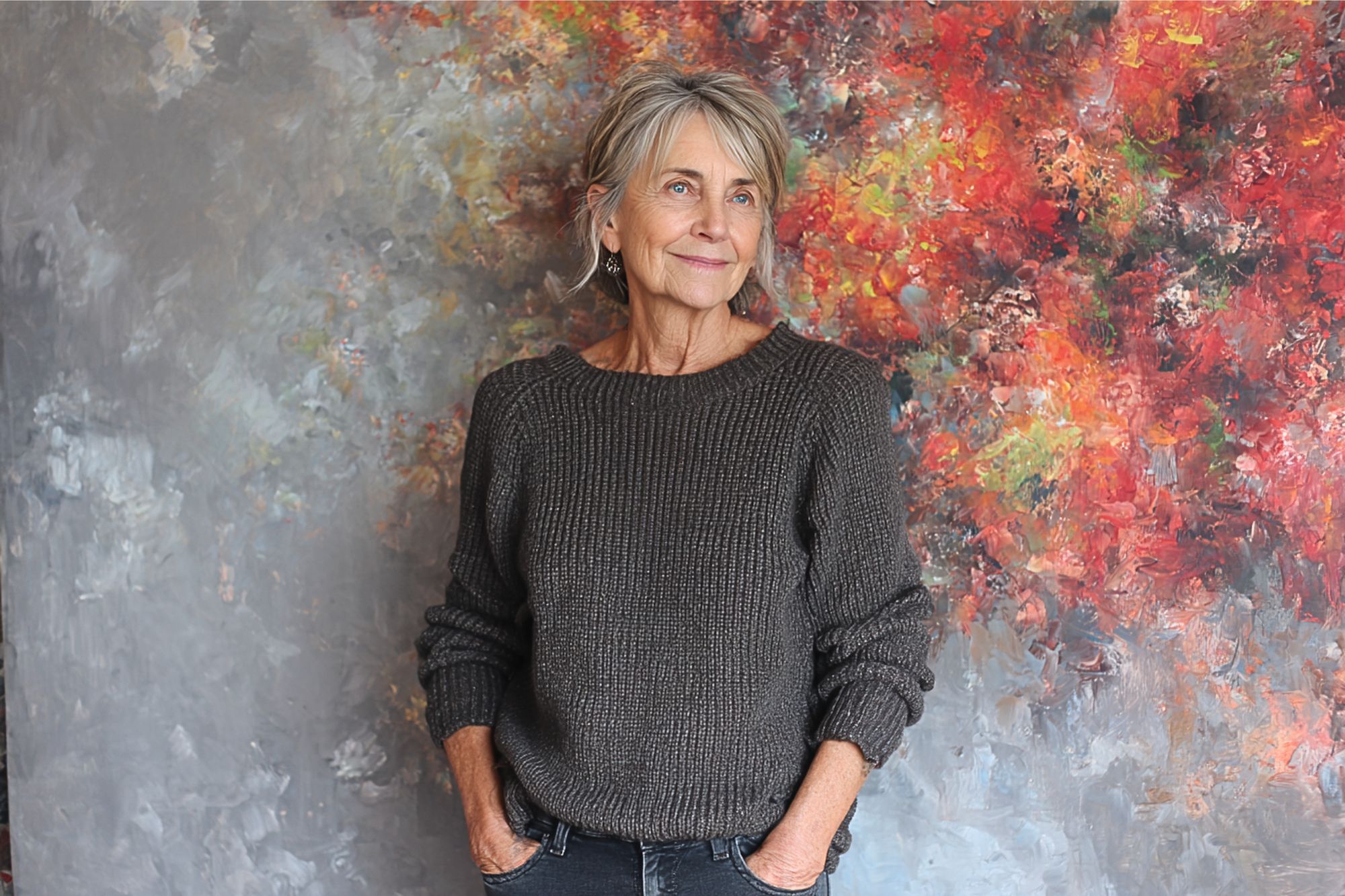 An older woman with gray hair and a gray knit sweater stands in front of a colorful, abstract painted background, looking to the side with a relaxed and thoughtful expression, hands in her pockets.