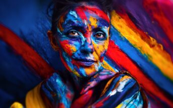 A person poses with their face and hands covered in vivid, multicolored paint. The background features bold stripes in red, blue, yellow, and orange, blending with the colorful body paint for a vibrant, artistic effect.