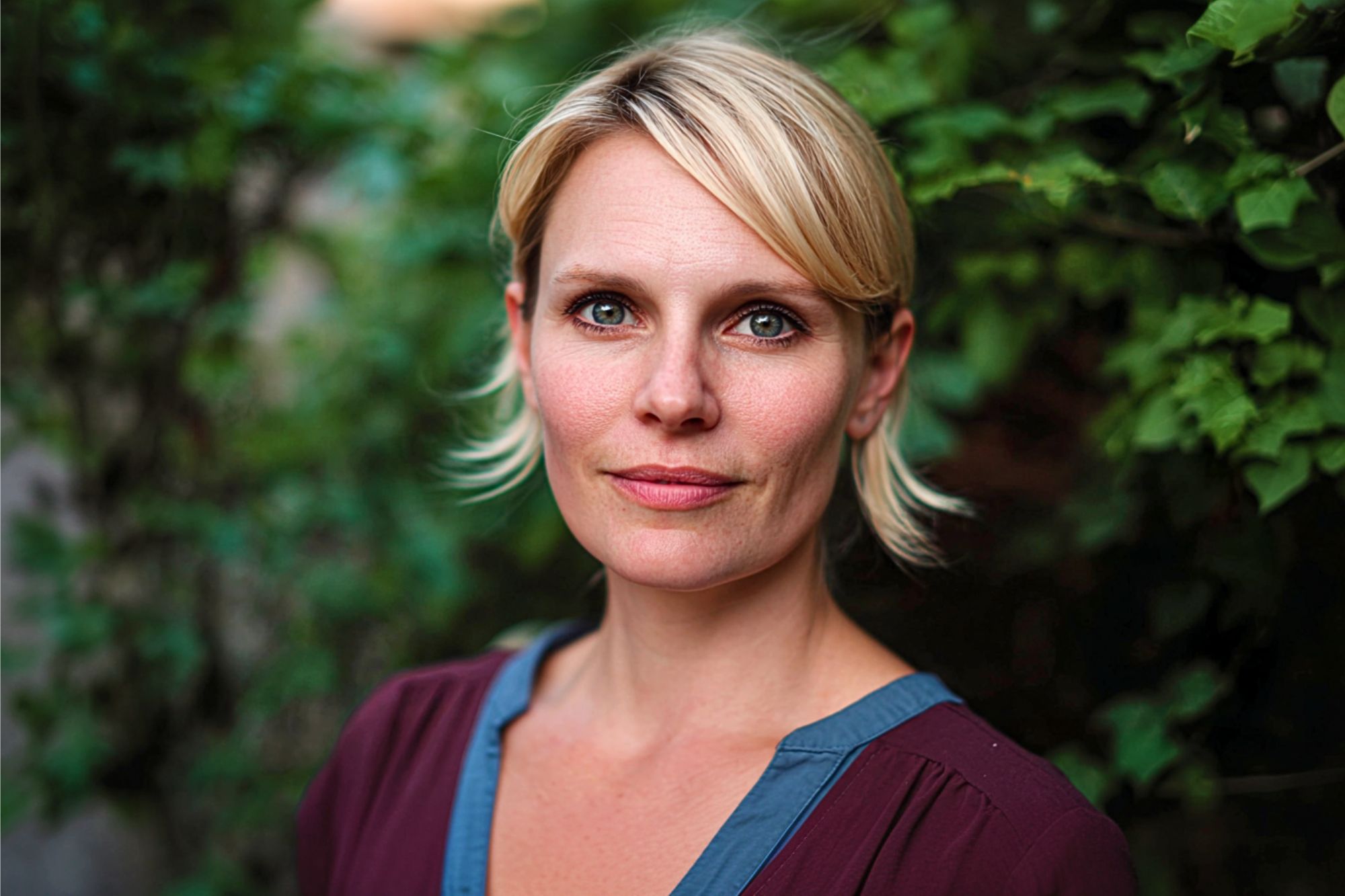 A woman with short blonde hair and green eyes stands outdoors in front of leafy green foliage, wearing a burgundy top with a blue neckline, looking directly at the camera with a calm expression.