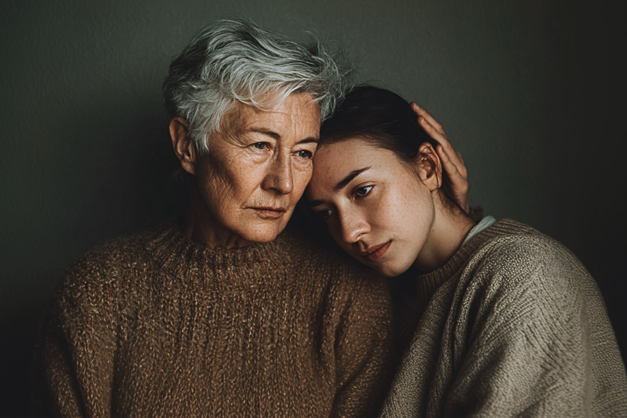 An elderly woman with short gray hair hugs a young woman with long dark hair. Both wear brown sweaters and have serious, thoughtful expressions, resting their heads together against a dark background.