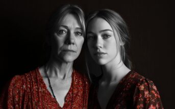 A serious-looking older woman and a young woman stand closely together against a dark background, wearing red floral-patterned clothing. The image is mostly in black and white except for their clothes, which remain in color.