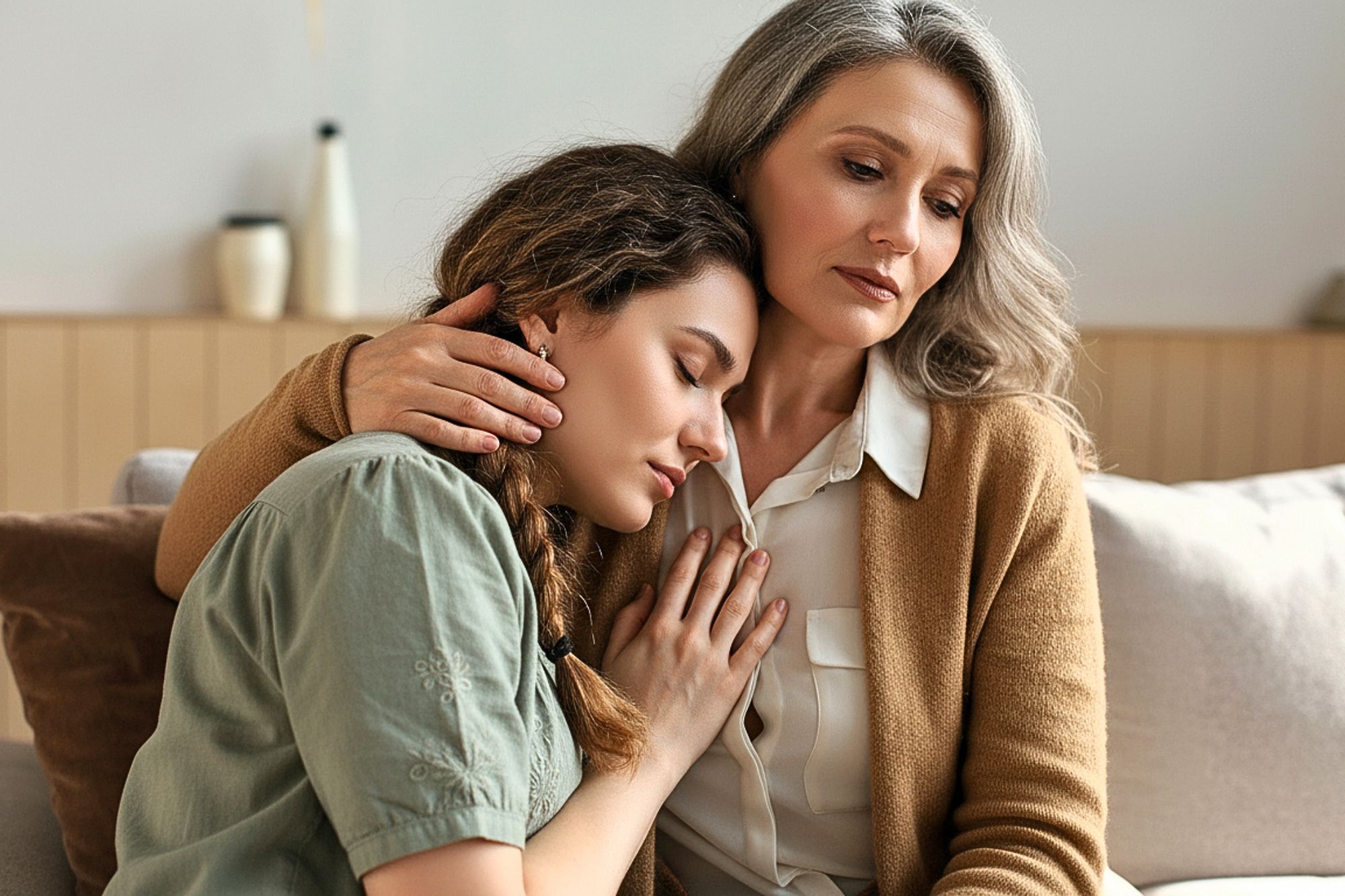 A woman with gray hair comforts a younger woman who rests her head on the older woman's chest. Both appear thoughtful and serious, sitting close together on a couch in a softly lit room.