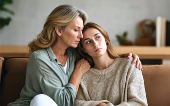 An older woman gently hugs a younger woman on a couch. The older woman looks concerned, while the younger woman appears sad and distant. The setting is a cozy, softly lit living room.