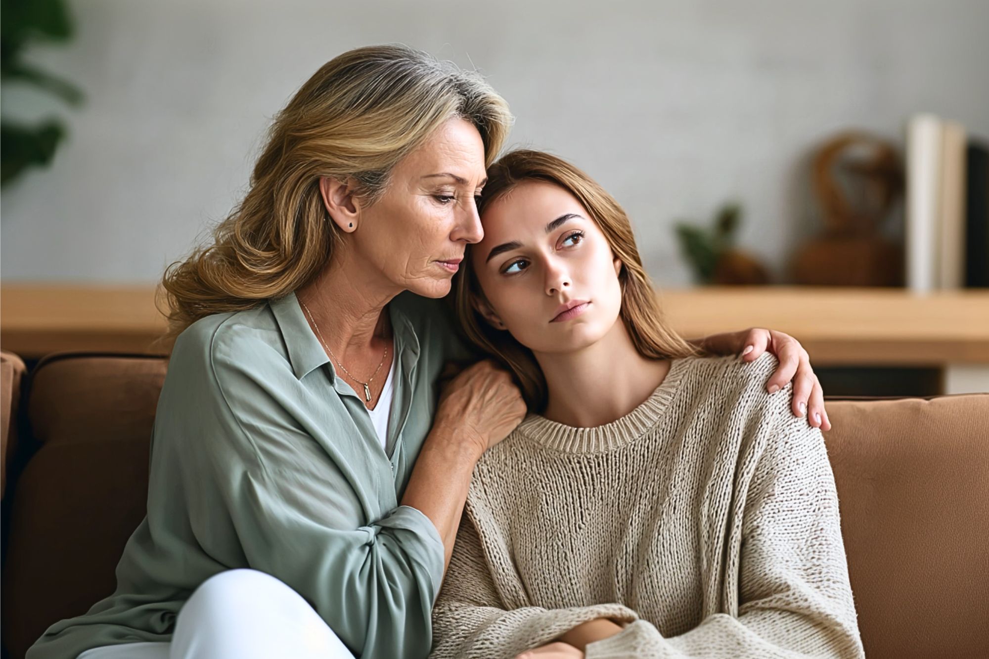 An older woman gently hugs a younger woman on a couch. The older woman looks concerned, while the younger woman appears sad and distant. The setting is a cozy, softly lit living room.