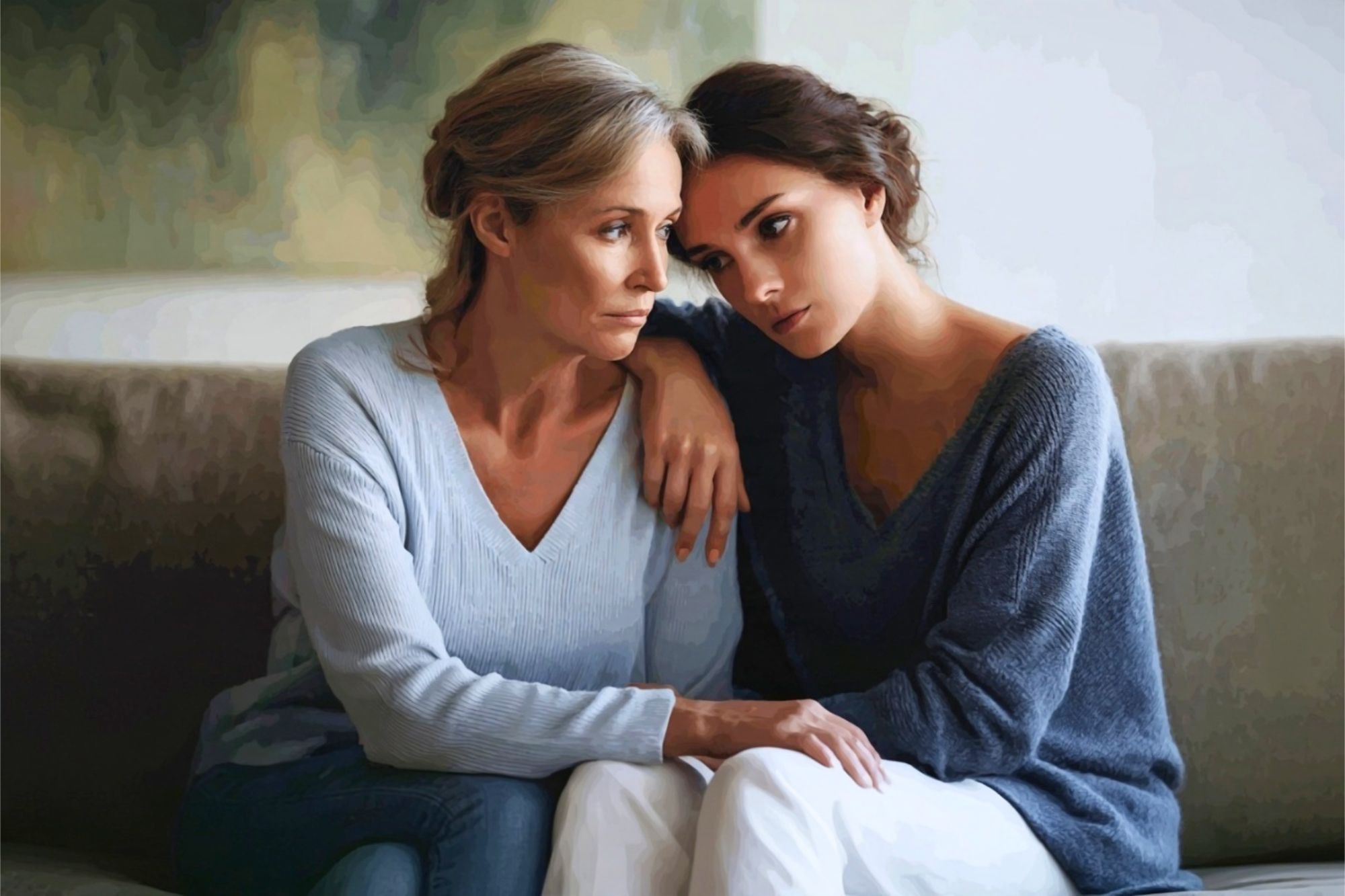 Two women sitting together on a sofa, with one woman leaning her head on the other’s shoulder.