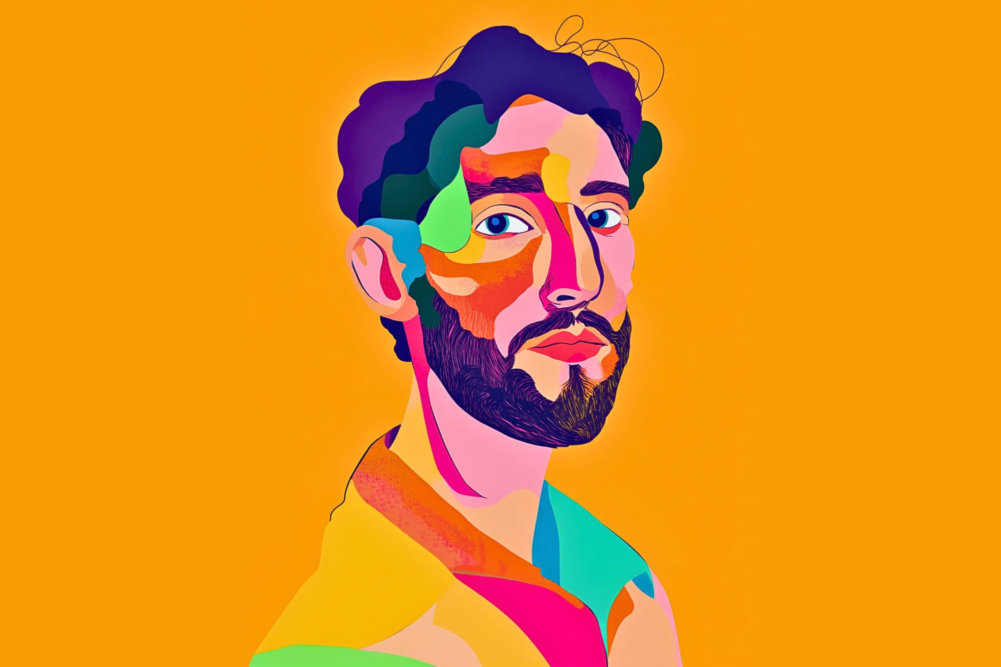 A colorful digital illustration of a bearded man with wavy hair, featuring abstract, vibrant shapes in shades of purple, yellow, green, orange, and pink on an orange background.