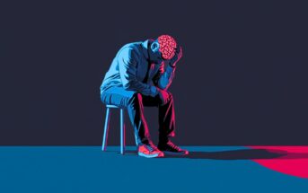 A person sits on a stool with their head in one hand, looking distressed. Their exposed brain is visible, symbolizing mental struggle. The image uses bold blue and pink lighting for dramatic effect.