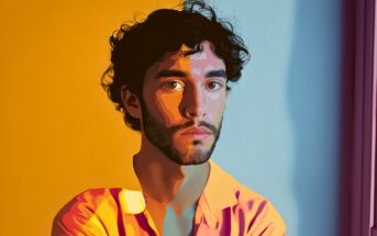 A digital illustration of a young man with curly dark hair and a beard, standing against a background split into warm orange on the left and cool blue on the right. He has a serious expression and wears a colorful shirt.