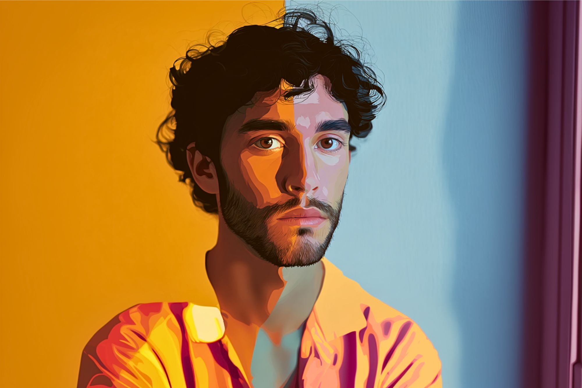 A digital illustration of a young man with curly dark hair and a beard, standing against a background split into warm orange on the left and cool blue on the right. He has a serious expression and wears a colorful shirt.