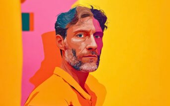 A man with wavy hair and a beard, depicted in a colorful, stylized illustration. He wears an orange shirt and stands against a vivid pink and yellow background.