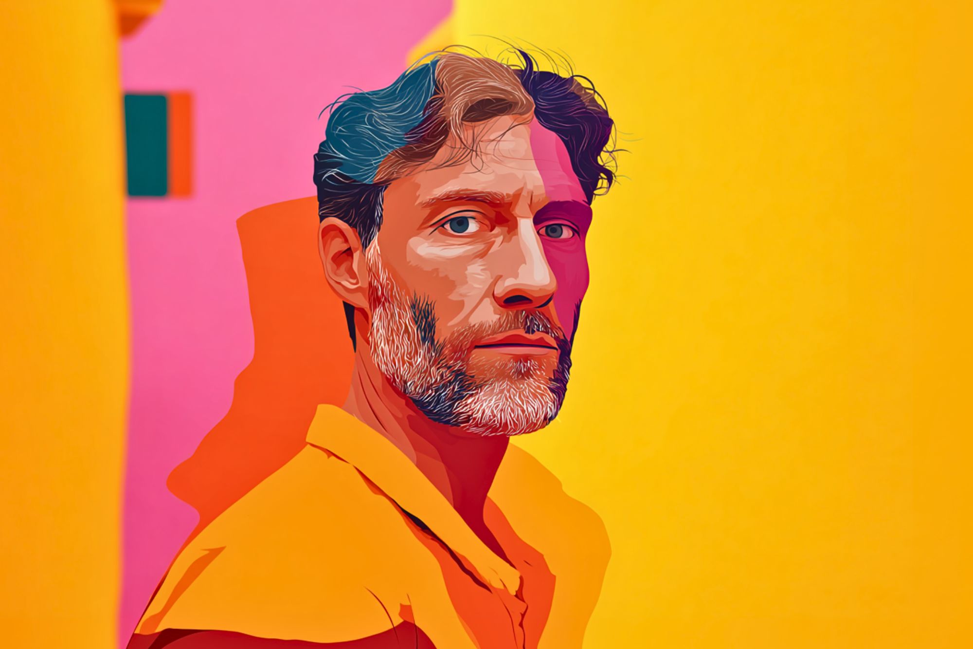 A man with wavy hair and a beard, depicted in a colorful, stylized illustration. He wears an orange shirt and stands against a vivid pink and yellow background.