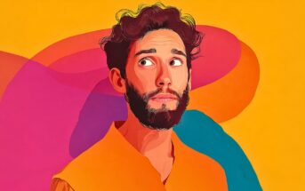 Digital illustration of a man with a beard looking to the side against a colorful abstract background.
