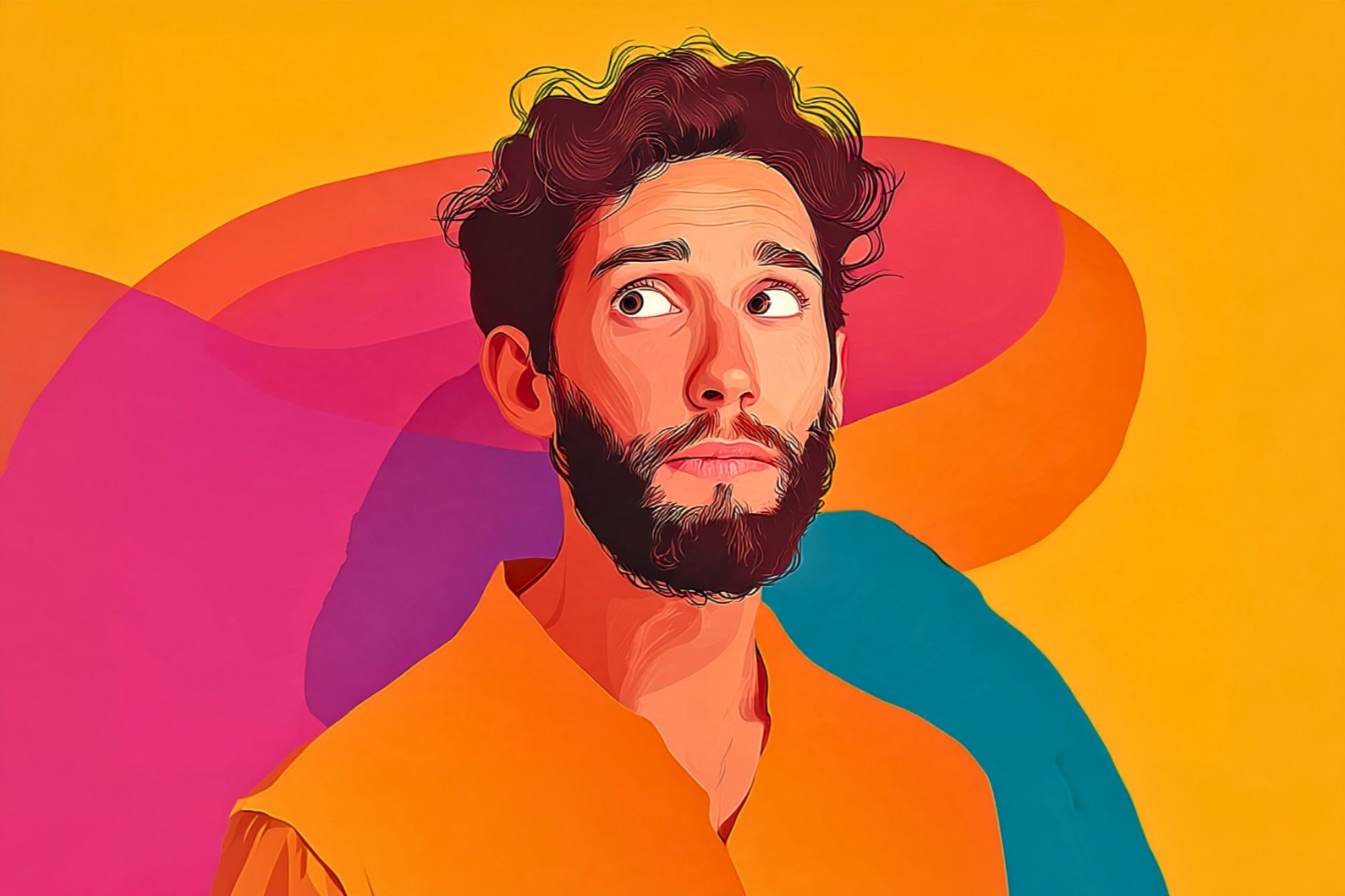 Digital illustration of a man with a beard looking to the side against a colorful abstract background.