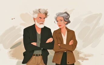 An animated illustration of an older man and woman with gray hair, both wearing blazers and standing with arms crossed, looking at each other with serious, slightly annoyed expressions against a neutral background.