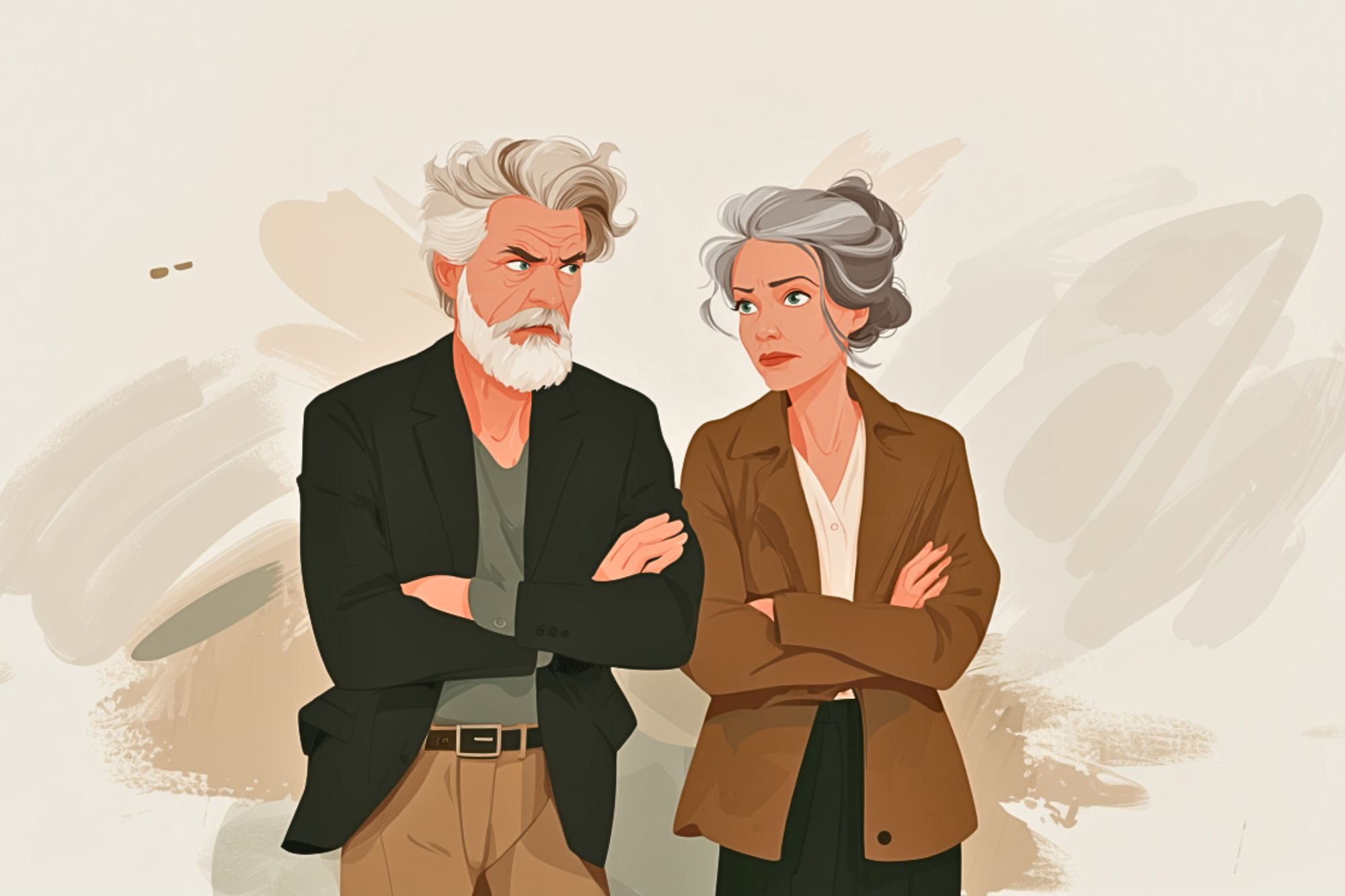 An animated illustration of an older man and woman with gray hair, both wearing blazers and standing with arms crossed, looking at each other with serious, slightly annoyed expressions against a neutral background.