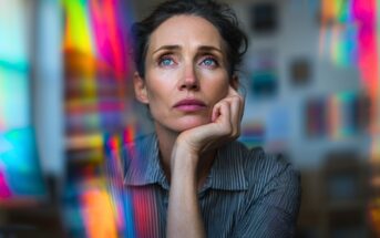 A woman with blue eyes and brown hair rests her chin on her hand, gazing upward thoughtfully. Colorful, blurred light patterns frame her face, creating a dreamy, contemplative atmosphere.