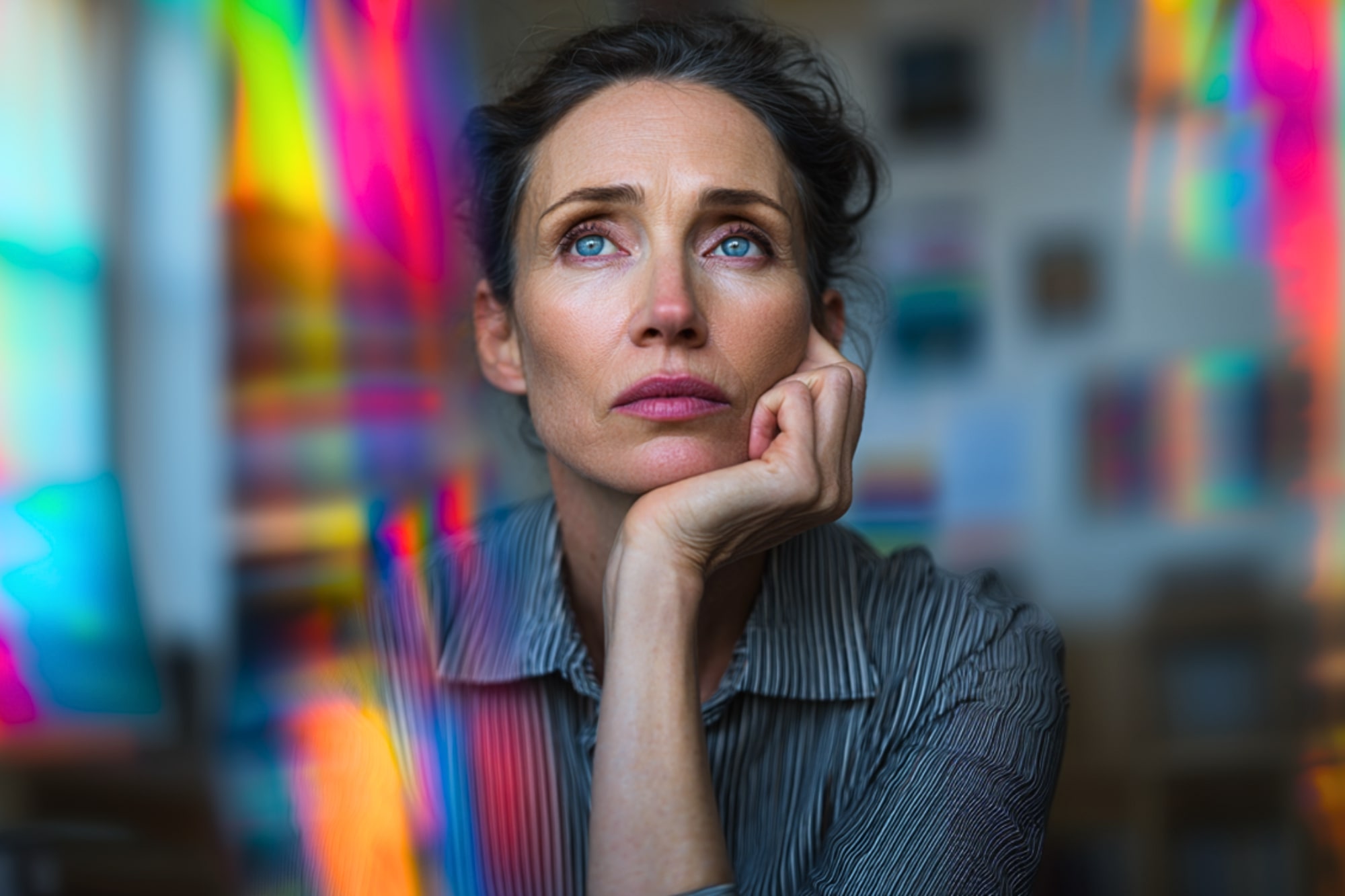 A woman with blue eyes and brown hair rests her chin on her hand, gazing upward thoughtfully. Colorful, blurred light patterns frame her face, creating a dreamy, contemplative atmosphere.