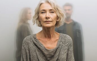 An older woman with short gray hair stands in focus, wearing a loose gray sweater, while two blurred figures—a man and a woman—stand behind her against a light, misty background.