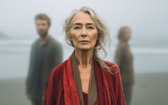 An older woman with gray hair and a red shawl stands on a foggy beach, looking directly at the camera, with two blurred figures in the background.