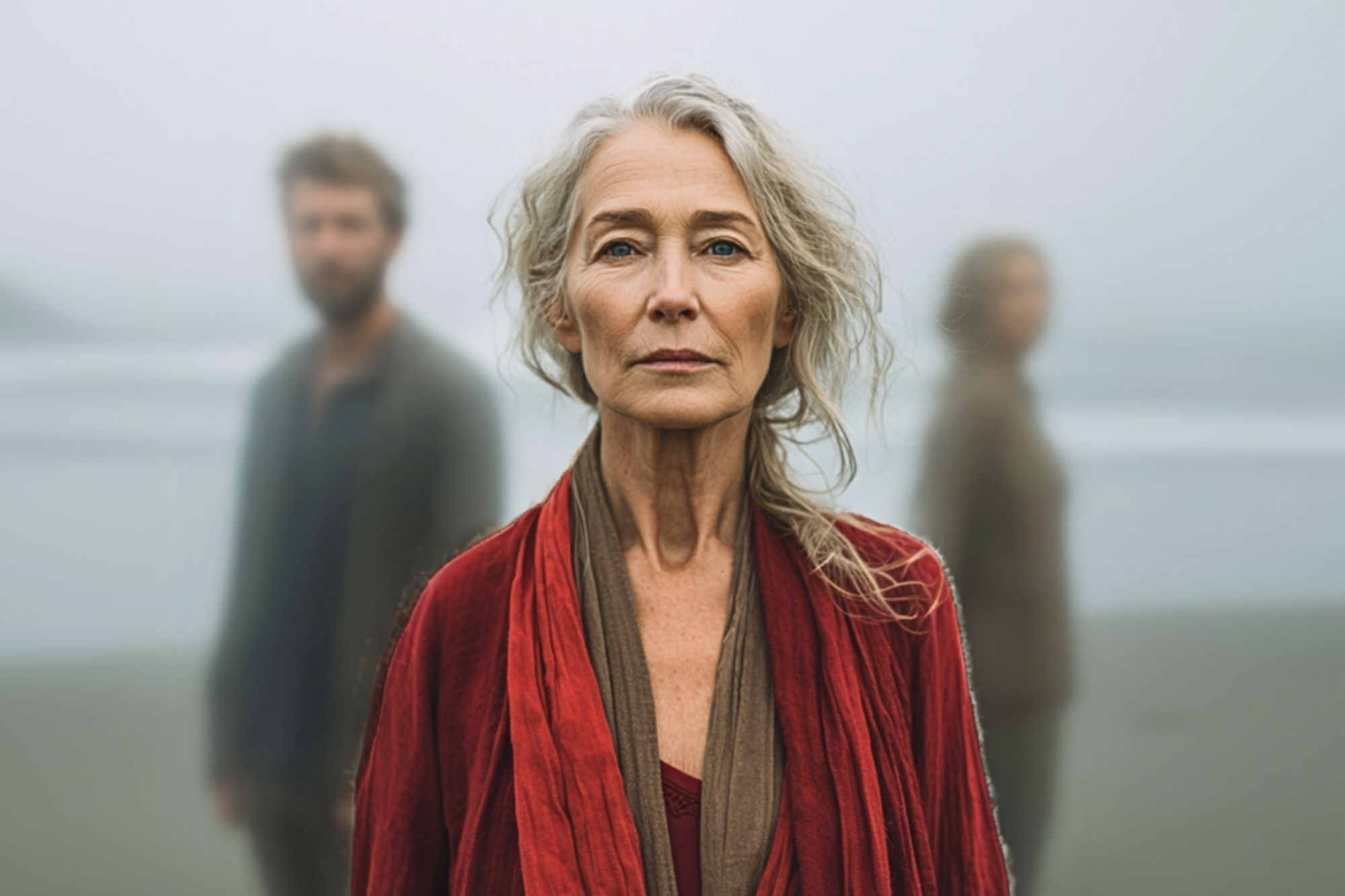 An older woman with gray hair and a red shawl stands on a foggy beach, looking directly at the camera, with two blurred figures in the background.