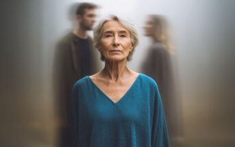 An older woman with gray hair stands in focus wearing a blue top, while two blurry figures, one male and one female, stand behind her in a foggy, muted background.